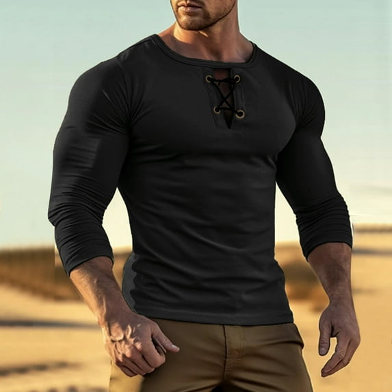 qelini Pull-over Blouse for Men Back School Plus Size Round-Neck Solid Color Casual Slim Fit Basic Shirts Long Sleeve Button Fashion Lightweight and Black XL