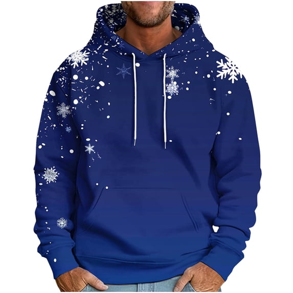qelini Pullover Hoodies for Men Graphic Long Sleeve Sweatshirts Snowflake Print Drawstring Hooded Jackets Holiday Tops