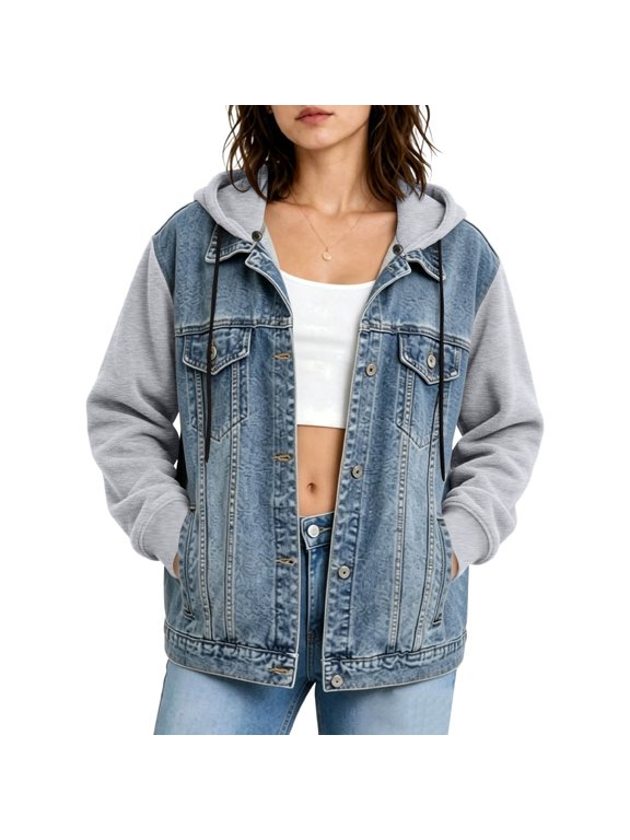 Denim Patchwork Jacket for Women Plus Size Long Shirt Long Sleeve Hooded Pullover Shirt with Pockets Solid Color Tops for Winter Wear