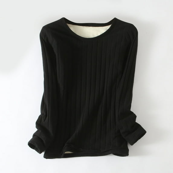 qelini Pullover Sweaters for Women Solid Crewneck Fall and Winter Loose Plus Velvet Long Sleeve Blouses Dressy Casual Fashion New Arrivals Lightweight and Black M