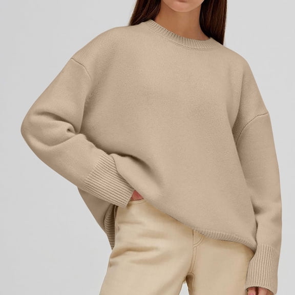 qelini Pullover Sweaters for Women Solid Crewneck Fall and Winter Loose Solid Color Long Sleeve Blouses Dressy Casual Fashion Arrivals Lightweight and Khaki OneSize