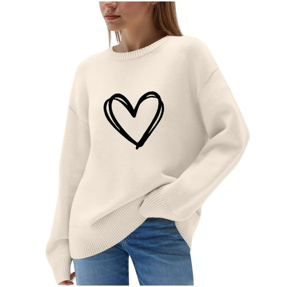 qelini Pullover Sweaters for Women Heart Print Crewneck Pullover Long Sleeve Blouses Casual Trendy Knitted Tops