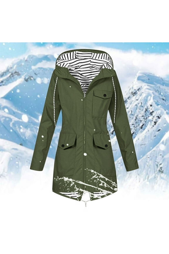 Rain Jackets for Women with Hoods Drawstring Hooded Pocket Winter Coats Buttons Zip Up Casual Coats Hiking Mountain Ski Outdoor Sports Jacket Army Green L
