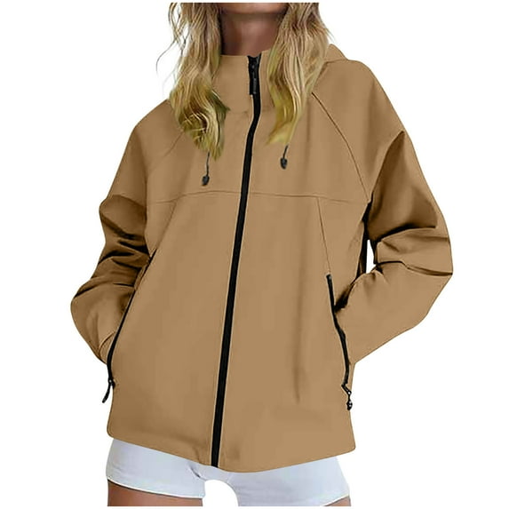 qelini Rain Jackets for Women Lightweight Drawstring Hooded Pocket Winter Coats Zip Up Fashionable Coats Hiking Mountain Ski Outdoor Sports Jacket Coffee XXXL