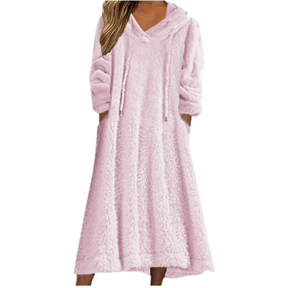 qelini Robes for Women Plus Size Long Sleeve Bathrobe Hooded Solid Fleece Loungewear Loose Winter Nightgowns with Pockets
