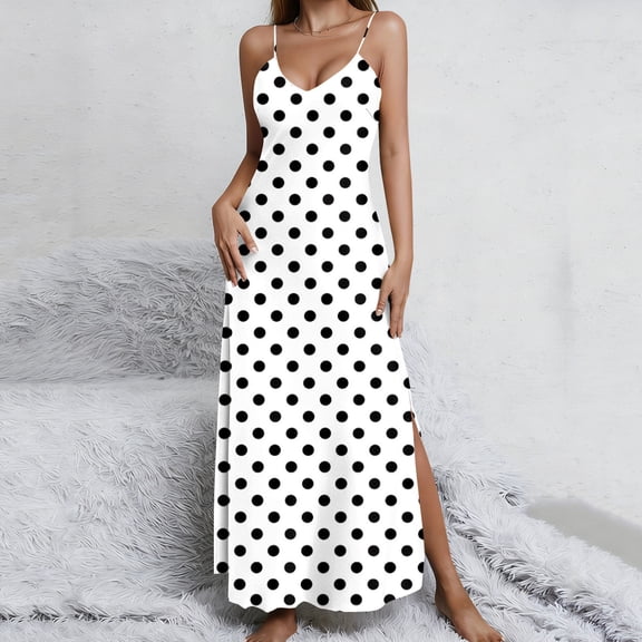 qelini Satin Dress for Women Polka Dot Long Dresses V Neck Sleeveless A-line Dress Ombre Print Dress for Wedding