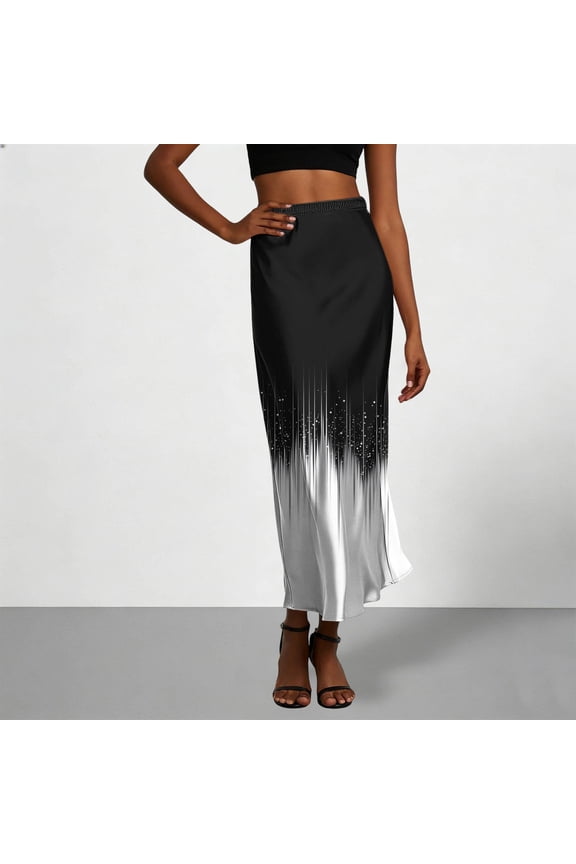 Satin Maxi Skirt for Women Pleated Long Skirt Elastic Waist Flutter Skirt Print Summer Skirt