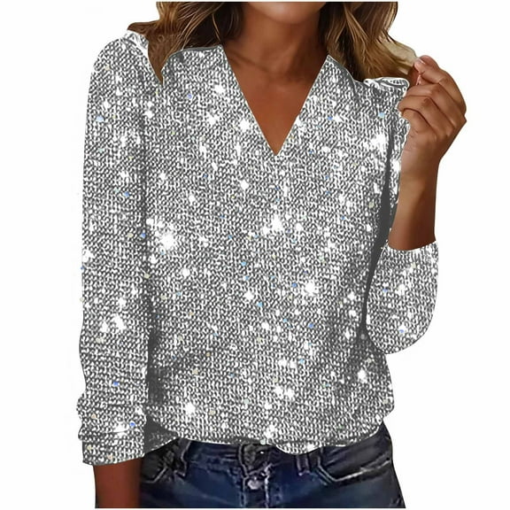 qelini Sequin Shirts for Women Long Sleeve Basic Pullover Tops Bling Glitter V Neck Fashion Evening Party Blouses