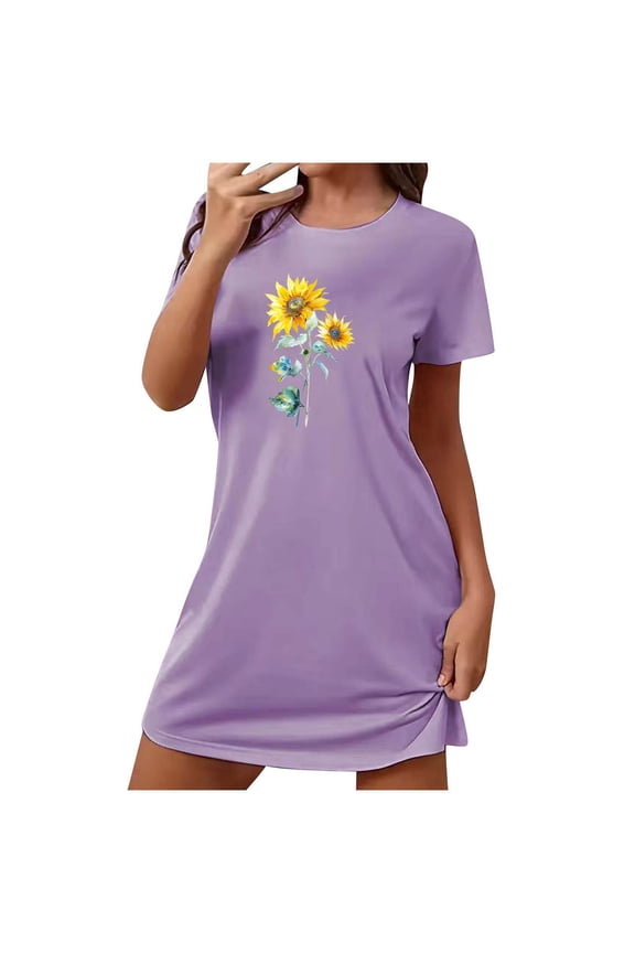 Short Sleeve Nightgowns for Women Baggy Short Dresses Crewneck A-line Dress Sunflower Print Summer Dress