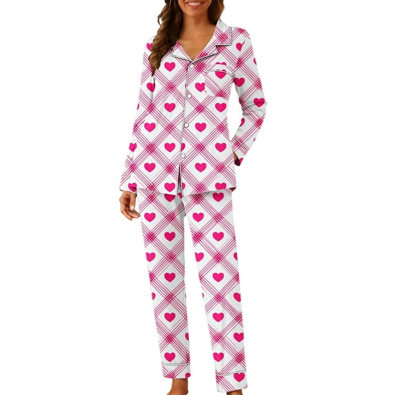 qelini Sleepwear for Women Valentine's Day Heart Print Long Sleeve Shirt and Pant with Pocket Nightwear Soft Holiday Pjs Set