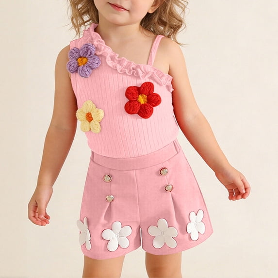 qelini Sleeveless Top and Shorts Set Girls 0-3Years 3D Floral Ribbed Knit Summer 2 Piece Outfit Summer Sets
