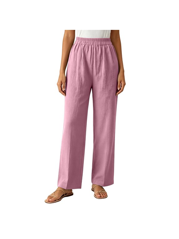 Straight Leg Pants for Women Plus Size Elastic Waist Long Pants Solid Color Pull On Trousers with Pockets