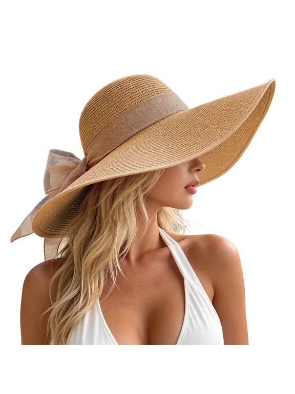 Straw Sun Hats for Women Bow Accent Hat Solid Color Casual UV Protection Hat for Summer Beach Vocation