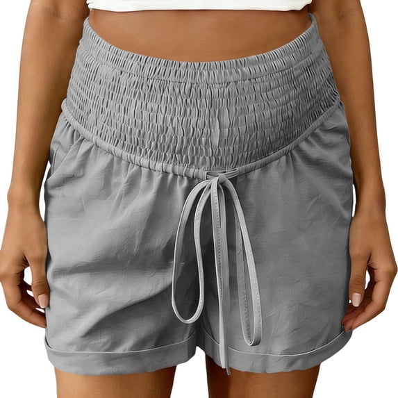 qelini Stretch Maternity Shorts Plus Size High Rise Smocked Soft Imitation Linen Cotton Belly Support Pants