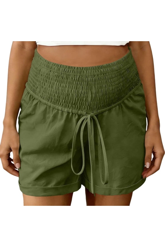 Stretch Maternity Shorts Plus Size High Rise Smocked Soft Imitation Linen Cotton Belly Support Pants