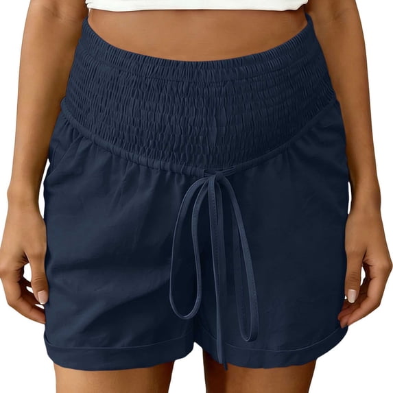 qelini Stretch Maternity Shorts Plus Size High Rise Smocked Soft Imitation Linen Cotton Belly Support Pants