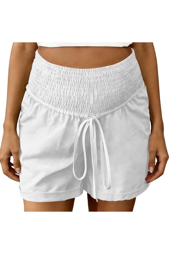 Stretch Maternity Shorts Plus Size High Rise Smocked Soft Imitation Linen Cotton Belly Support Pants