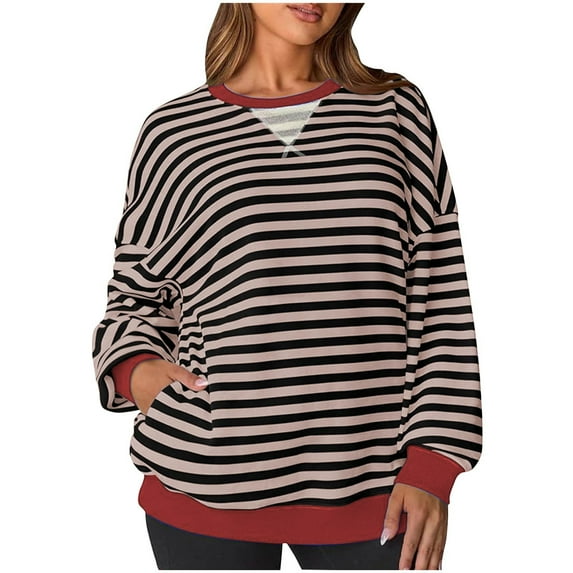 qelini Striped Long Sleeve Shirts for Women Basic Pullover Tops Lightweight Crewneck Tunic Loose Casual Blouses