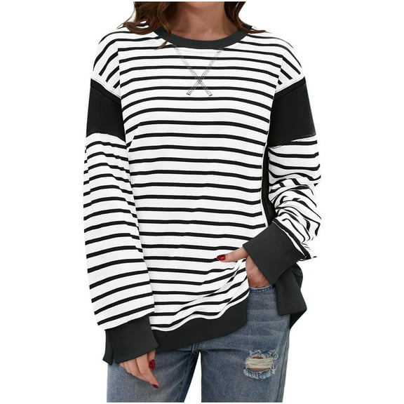 qelini Striped Shirts for Women Long Sleeve Basic Pullover Tops Lightweight Crewneck Tunic Loose Casual Blouses