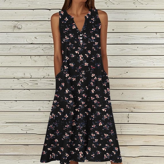qelini Summer Dresses for Women Plus Size Long Dresses V Neck Sleeveless A-line Dress Print Dress