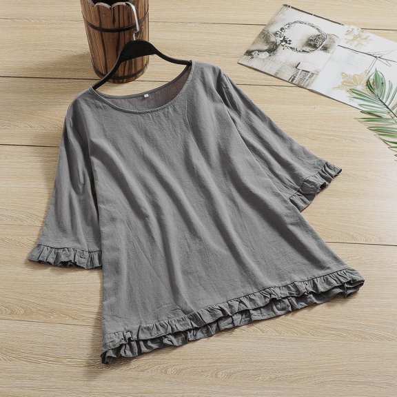 qelini Summer T-shirts for Women Plus Size School Season Solid Color Cotton Linen Short Sleeved Round Neck Ruffles Loose Casual Daily Wearing Basic Tops Juniors Comfortable 1Pack Dark Gray 4XL