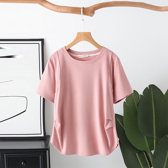 qelini Summer T-shirts for Women Plus Size School Season Solid Color Short Sleeved Round Neck Irregular Loose Casual Daily Wearing Basic Tops Juniors Comfortable 1Pack Pink 4XL
