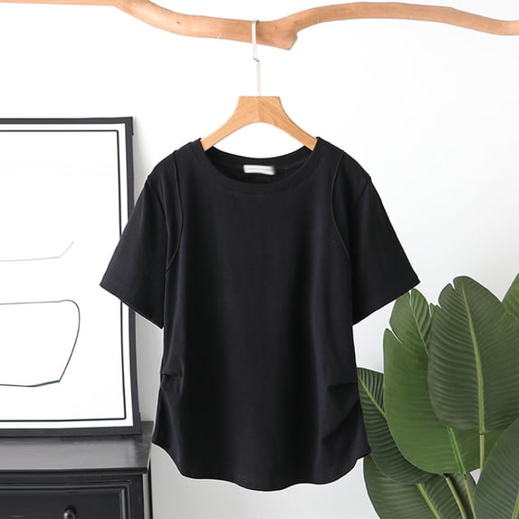 qelini Summer T-shirts for Women Plus Size School Season Solid Color Short Sleeved Round Neck Irregular Loose Casual Daily Wearing Basic Tops Juniors Comfortable 1Pack Black 2XL
