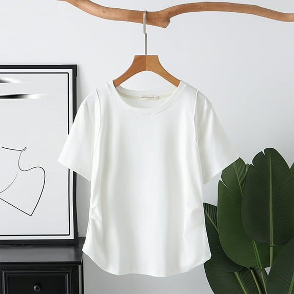 qelini Summer T-shirts for Women Plus Size School Season Solid Color Short Sleeved Round Neck Irregular Loose Casual Daily Wearing Basic Tops Juniors Comfortable 1Pack White 2XL