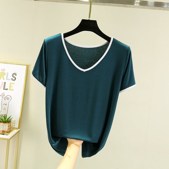 qelini Summer T-shirts for Women Plus Size School Season Solid Color Short Sleeved Round Neck Loose Casual Daily Wearing Basic Tops Juniors Comfortable 1Pack Green 3XL