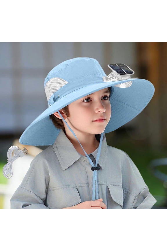 Sun Hat for Kids 1-12 Years UPF 50+ Summer Outdoor Fan Sun Hat Solid Color Solar & USB Charging Cap with Cable