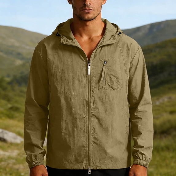qelini Sun Protection Jacket Men UPF 50+ Long Sleeve Full Zip Up Tops Hooded Solid Color Rash Guard Fishing Running