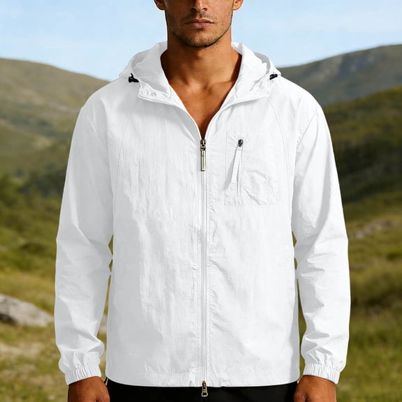 qelini Sun Protection Jacket Men UPF 50+ Long Sleeve Full Zip Up Tops Hooded Solid Color Rash Guard Fishing Running