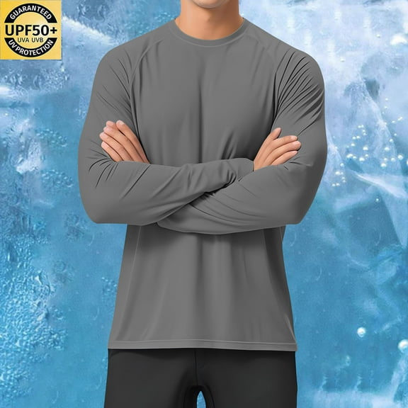 qelini Sun Protection Mens Shirts Upf 50+ Long Sleeve UV Protection Lightweight Round Neck Solid Color Summer Guard Shirt for Fishing Running Outdoor Hiking