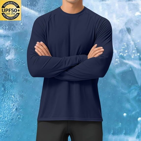 qelini Sun Protection Mens Shirts Upf 50+ Long Sleeve UV Protection Lightweight Round Neck Solid Color Summer Guard Shirt for Fishing Running Outdoor Hiking