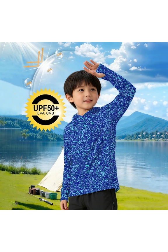Sun Protection Shirt Boys 5-15 Years Long Sleeve Tops Hollow Cuff Hooded Print Sun Resistant Jacket for Outdoor