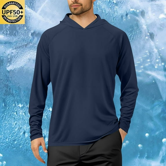 qelini Sun Protection Shirts with Hoodies Upf 50+ Long Sleeve Solid Color Breathable Shirt for Men Hiking Running Workout Thumbhole Shirt Quick Dry Lightweight