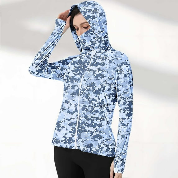 qelini Sun Shirts for Women Long Sleeve UV Protection Zipper Hoodie Shirt with Thumn Hole Lightweight Breathable Printing Clothing with Pocket Running Hiking