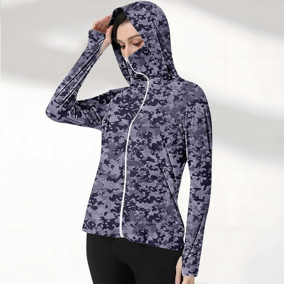 qelini Sun Shirts for Women Long Sleeve UV Protection Zipper Hoodie Shirt with Thumn Hole Lightweight Breathable Printing Clothing with Pocket Running Hiking