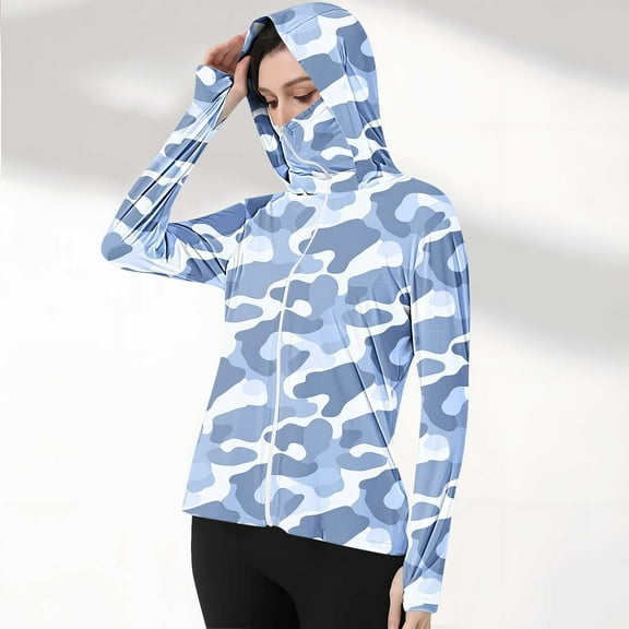 qelini Sun Shirts for Women Long Sleeve UV Protection Zipper Hoodie Shirt with Thumn Hole Lightweight Breathable Printing Clothing with Pocket Running Hiking