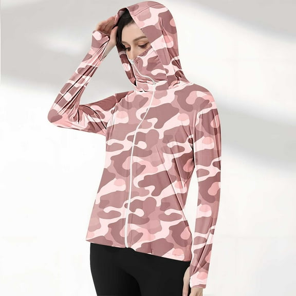 qelini Sun Shirts for Women Long Sleeve UV Protection Zipper Hoodie Shirt with Thumn Hole Lightweight Breathable Printing Clothing with Pocket Running Hiking