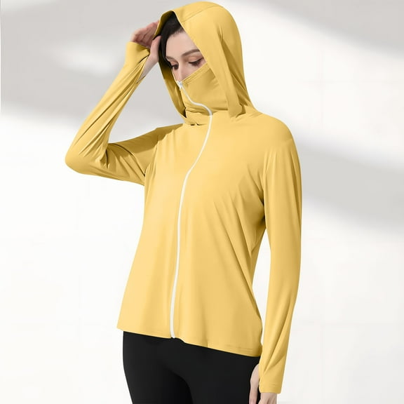 qelini Sun Shirts for Women Long Sleeve UV Protection Zipper Shirt Lightweight Womens Rash Guard Shirts with Mask Hoodie Thumb Hole Workout Tops Outdoor Hiking