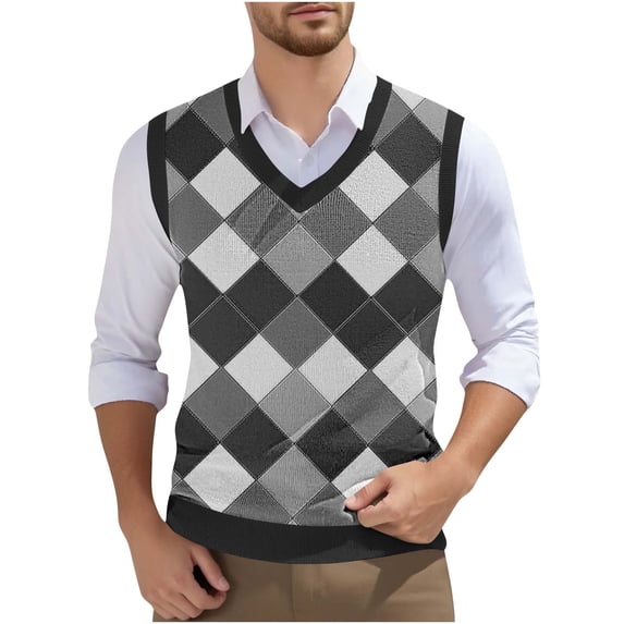 qelini Sweater Vest Men Plaid Big and Tall Vest Top V Neck Sleeveless Vest Vintage Print Workout Cloths