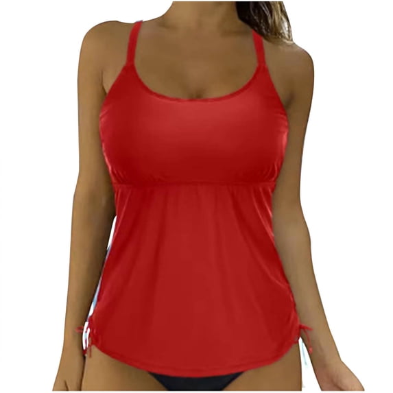 qelini Swimsuit Tops for Women Tankini Sleeveless Crew Neck Tankini Tops Padded Solid Color Swimwear for Swimming