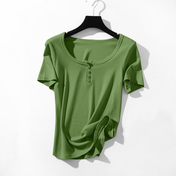 qelini T-shirts for Women with Round Neck School Season Solid Color Short Sleeved Button Loose Casual Daily Wearing Basic Tops Juniors Summer Comfortable 1Pack Green L