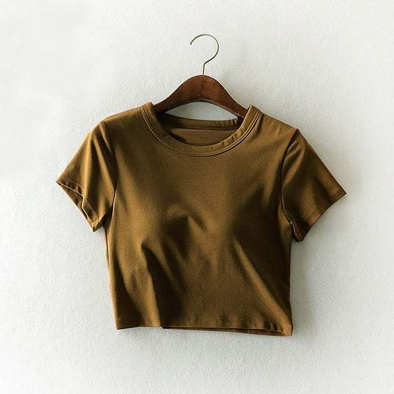qelini T-shirts for Women with Round Neck School Season Solid Color Short Sleeved Exposed Navel Chest Pad Integrated Loose Casual Daily Wearing Basic Tops Juniors Summer Comfortable 1Pack Coffee M