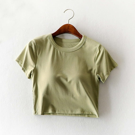 qelini T-shirts for Women with Round Neck School Season Solid Color Short Sleeved Exposed Navel Chest Pad Integrated Loose Casual Daily Wearing Basic Tops Juniors Summer Comfortable 1Pack Green S