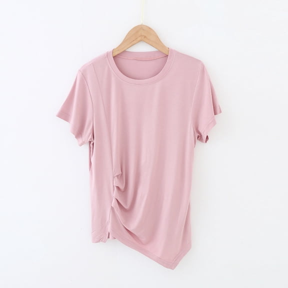qelini T-shirts for Women with Round Neck School Season Solid Color Short Sleeved Irregular Loose Casual Daily Wearing Basic Tops Juniors Summer Comfortable 1Pack Pink XL