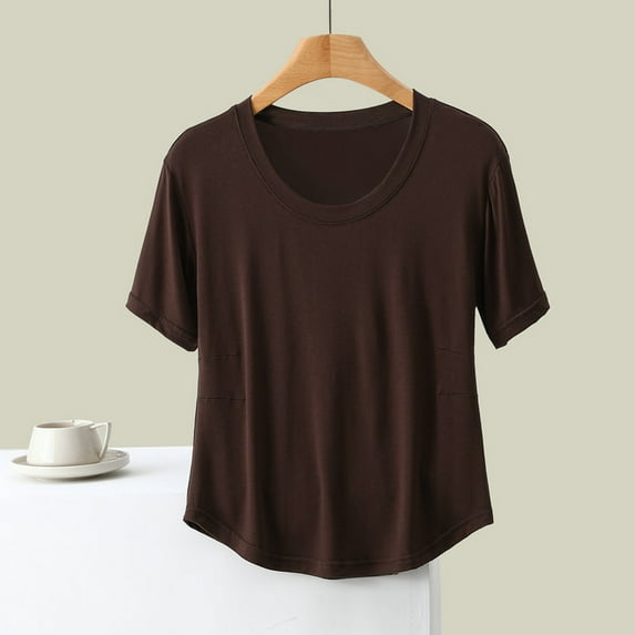 qelini T-shirts for Women with Round Neck School Season Solid Color Short Sleeved Loose Casual Daily Wearing Basic Tops Juniors Summer Comfortable 1Pack Khaki L