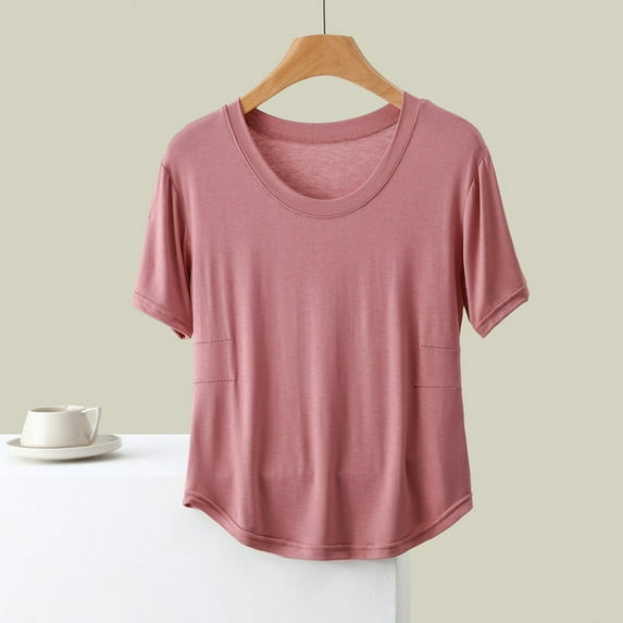 qelini T-shirts for Women with Round Neck School Season Solid Color Short Sleeved Loose Casual Daily Wearing Basic Tops Juniors Summer Comfortable 1Pack Pink M