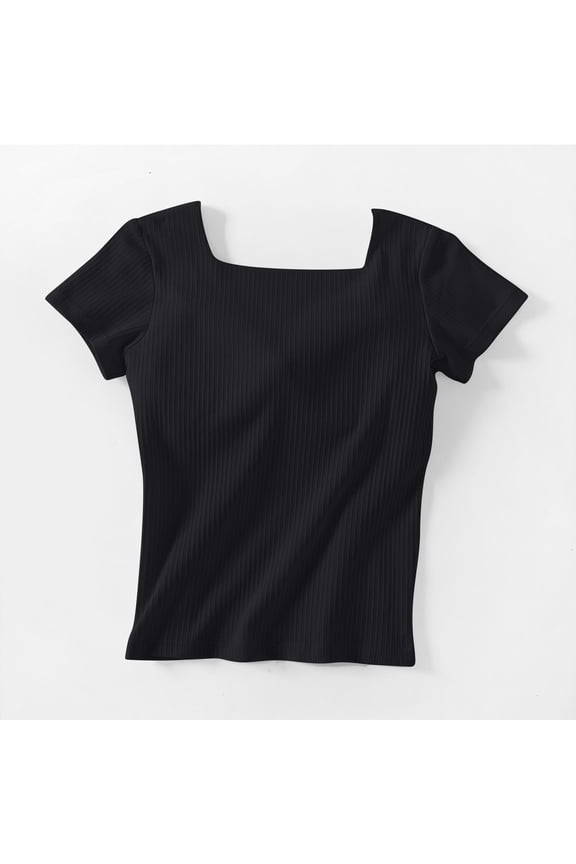 T-shirts for Women School Season Solid Color Short Sleeved Square Collar And Chest Pad Integrated Loose Casual Daily Wearing Basic Tops Juniors Summer Comfortable 1Pack Black L